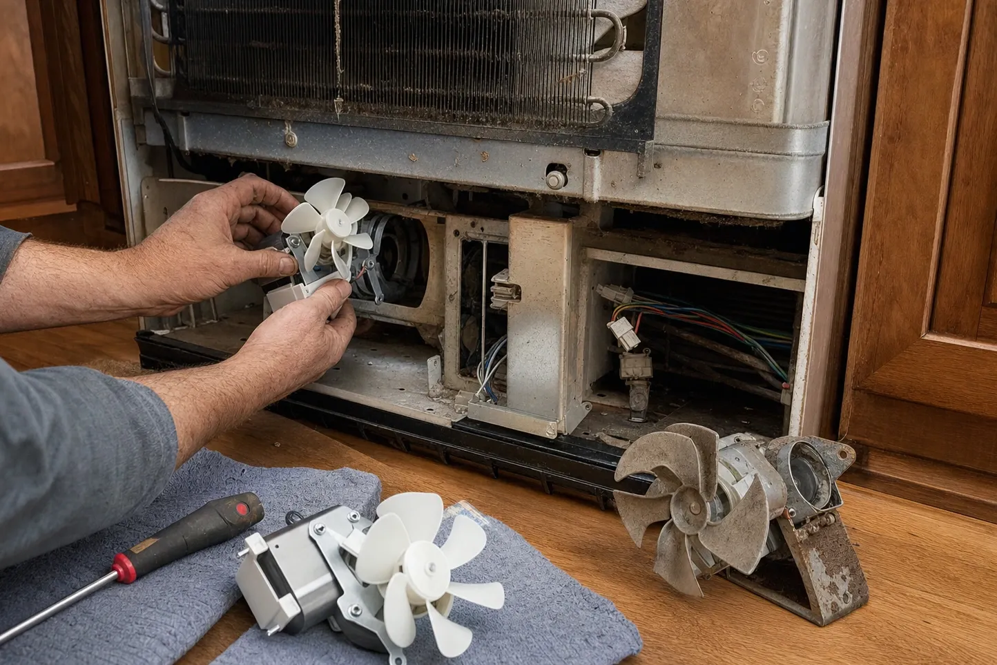 Hands holding a new condenser fan blade and motor in front of an open machine compartment, the old corroded fan on the floor