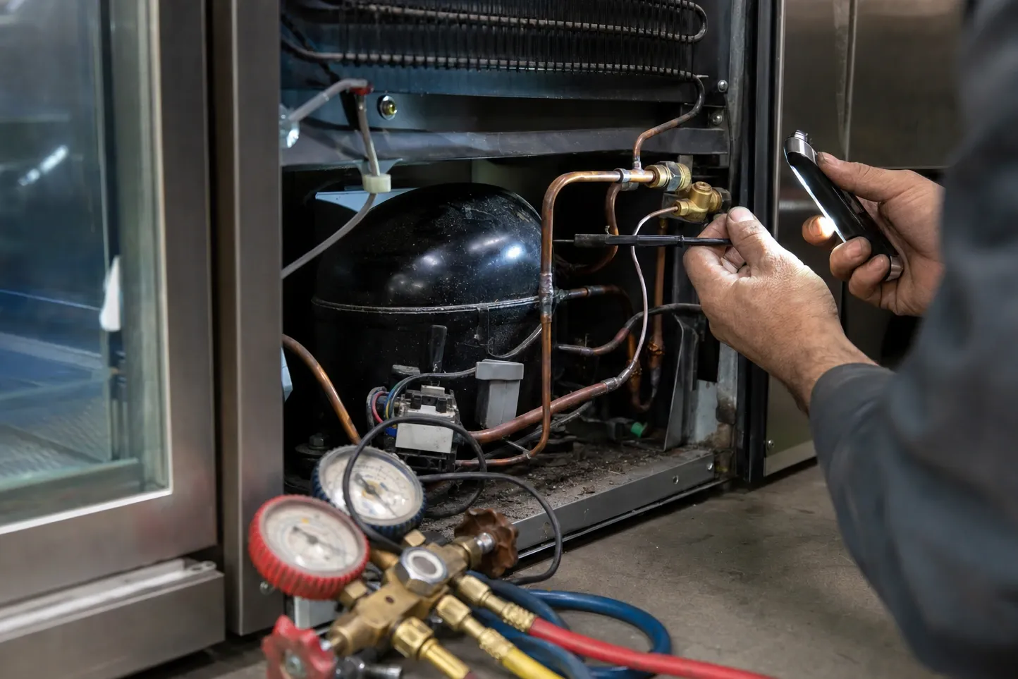 One hand holding a work light and the other a pick at a brass service valve on the copper lines beside a compressor
