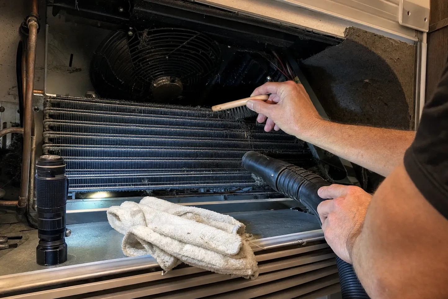 One hand brushing between the fins of a dust-matted condenser coil while the other holds a vacuum nozzle