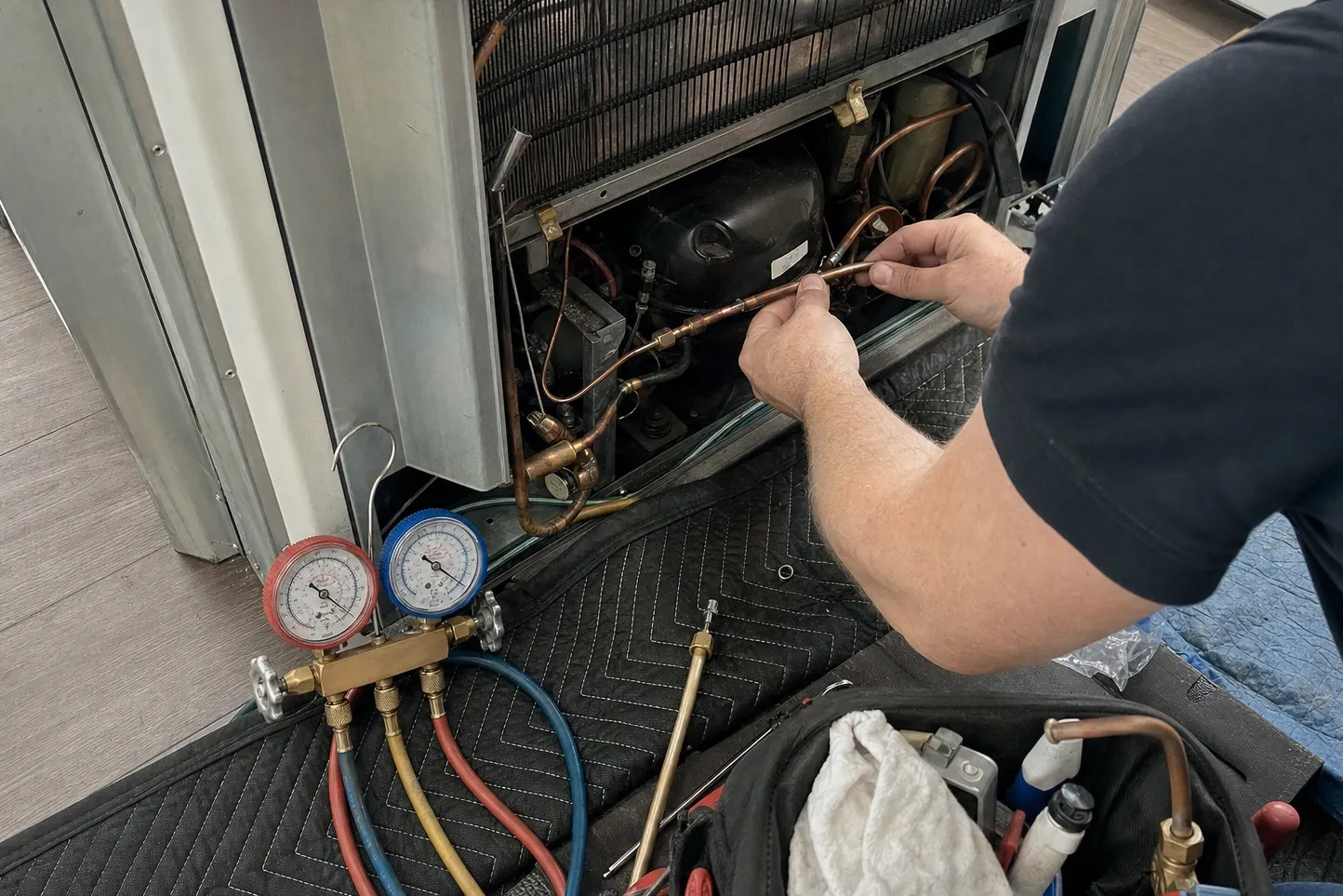 Hands working a length of copper line at the compressor of an open machine compartment, gauges laid out on a blanket
