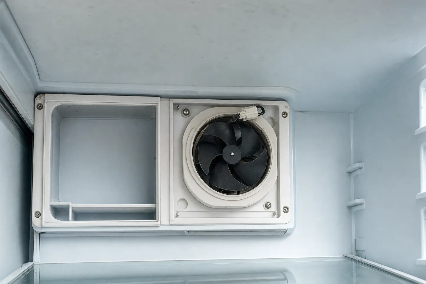 Inside a cabinet: the rear cover panel with a dark circulation fan in its round housing, a white wire connector above it and shelf supports down the side wall