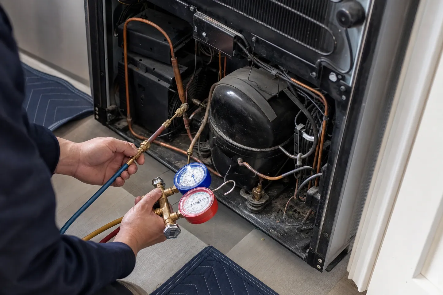 Hands holding manifold gauges at the open back of a pulled-out refrigerator, compressor, condenser coil and copper lines in view