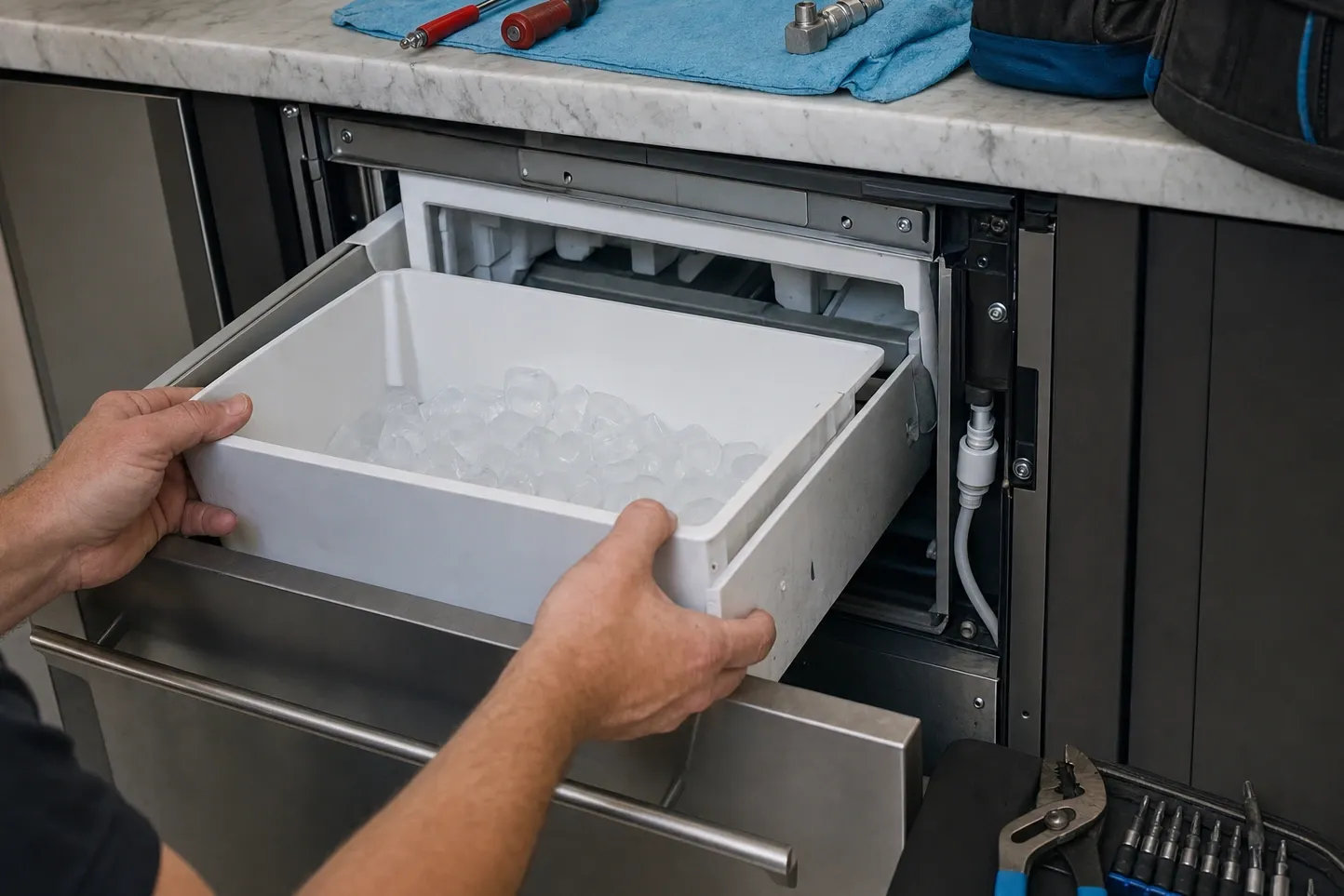 Two hands lifting a white storage bin full of clear cubes out of an undercounter ice machine drawer, the mould assembly and a white supply tube behind it in the cabinet
