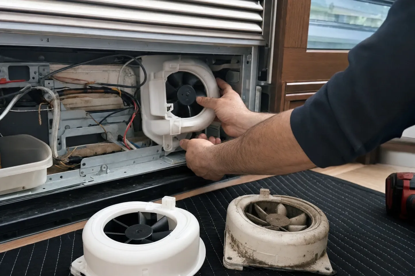 Hands fitting a white blower housing back into a machine compartment behind a louvred grille, the clean housing and the grime-caked old one side by side on the mat