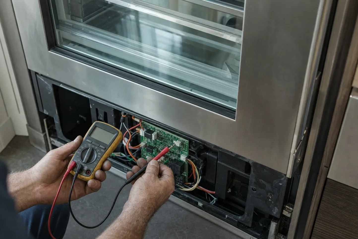 Multimeter probes held on a green control board behind the lower panel of a stainless glass-door cabinet, its wiring harness fanned out around it