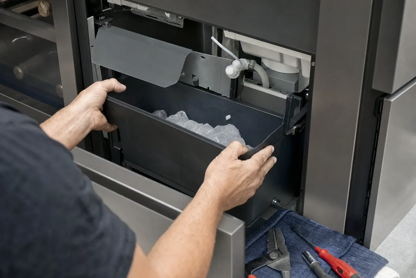 A dark ice bin part-full of cubes drawn out of an undercounter machine, with white water tubing, an elbow fitting and a pump housing visible in the cabinet above it