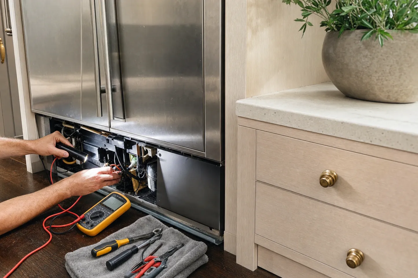 Toe panel off a stainless built-in, one hand holding a torch into the machine compartment and the other a meter probe, tools laid out on a towel